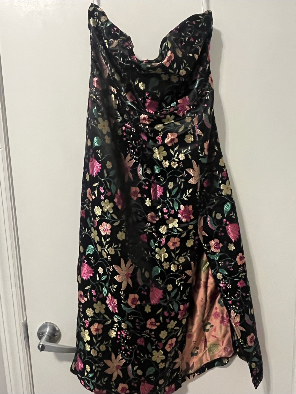 Lulu's Black Strapless Slip Dress with Pink, Gold & Green Floral Embroidery